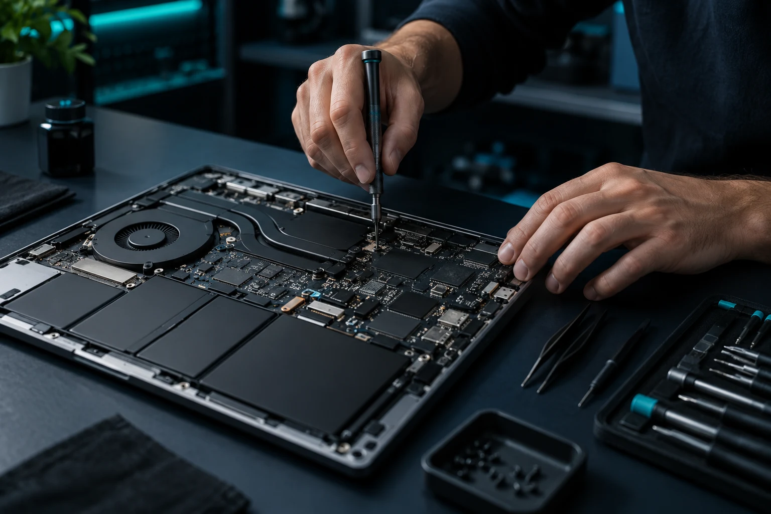 Illustration d’une intervention technique sur un ordinateur portable.